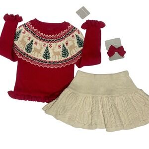Tahari Girls 24 Mos‎ Christmas Holiday Deer Tree Sweater Skirt Outfit Set NWT